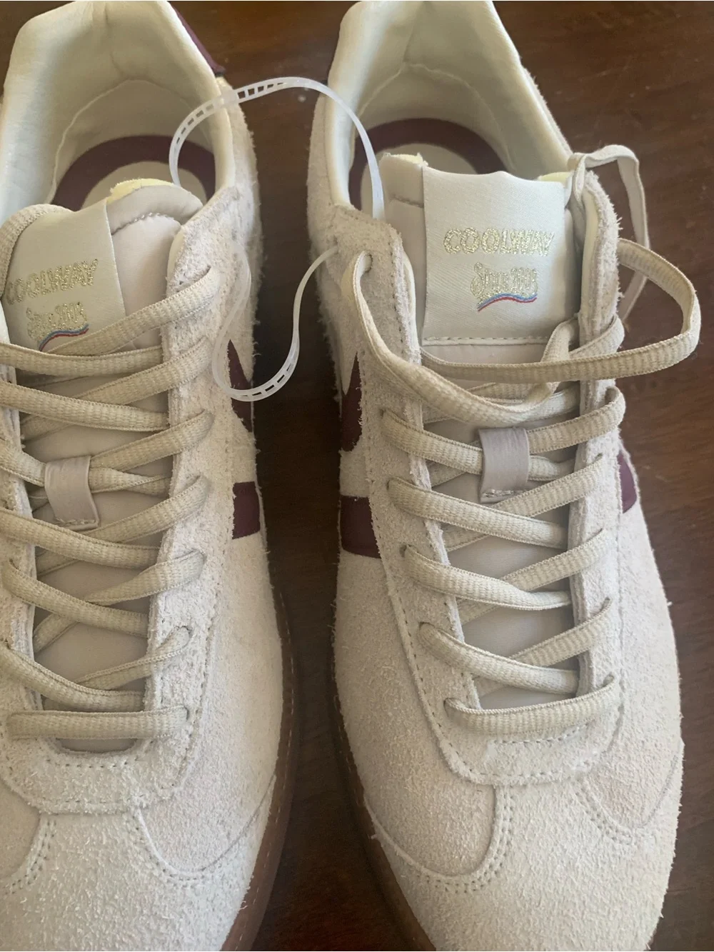 Coolest Suede Sneakers in Cream with Burgundy Accent